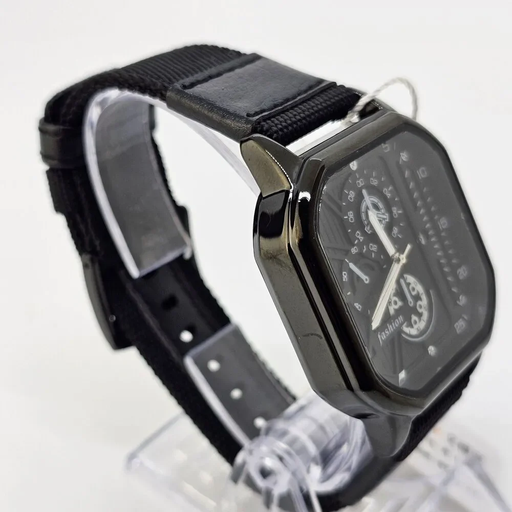 Men's 42MM Minimalist Watch Black‎ Case Black Dial Date Black Canvas Band Straps